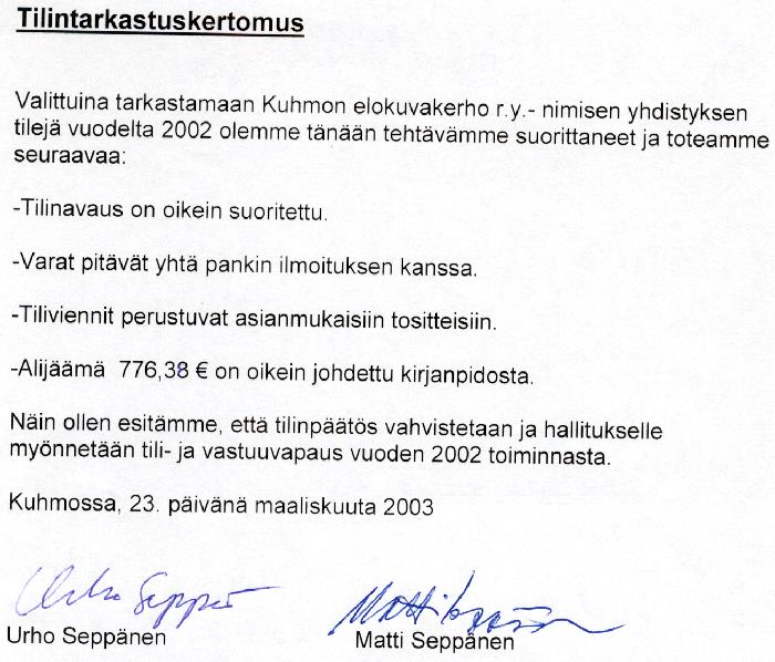 Tilintarkastajien lausunto